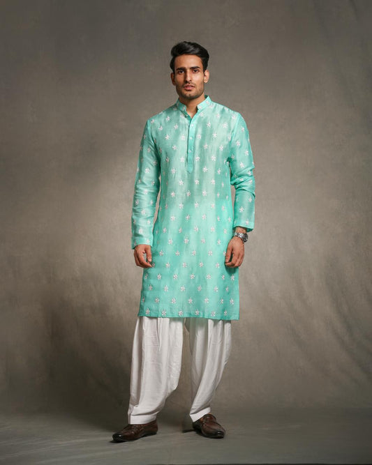 SEA BLUE THREAD EMBROIDERY KURTA SET