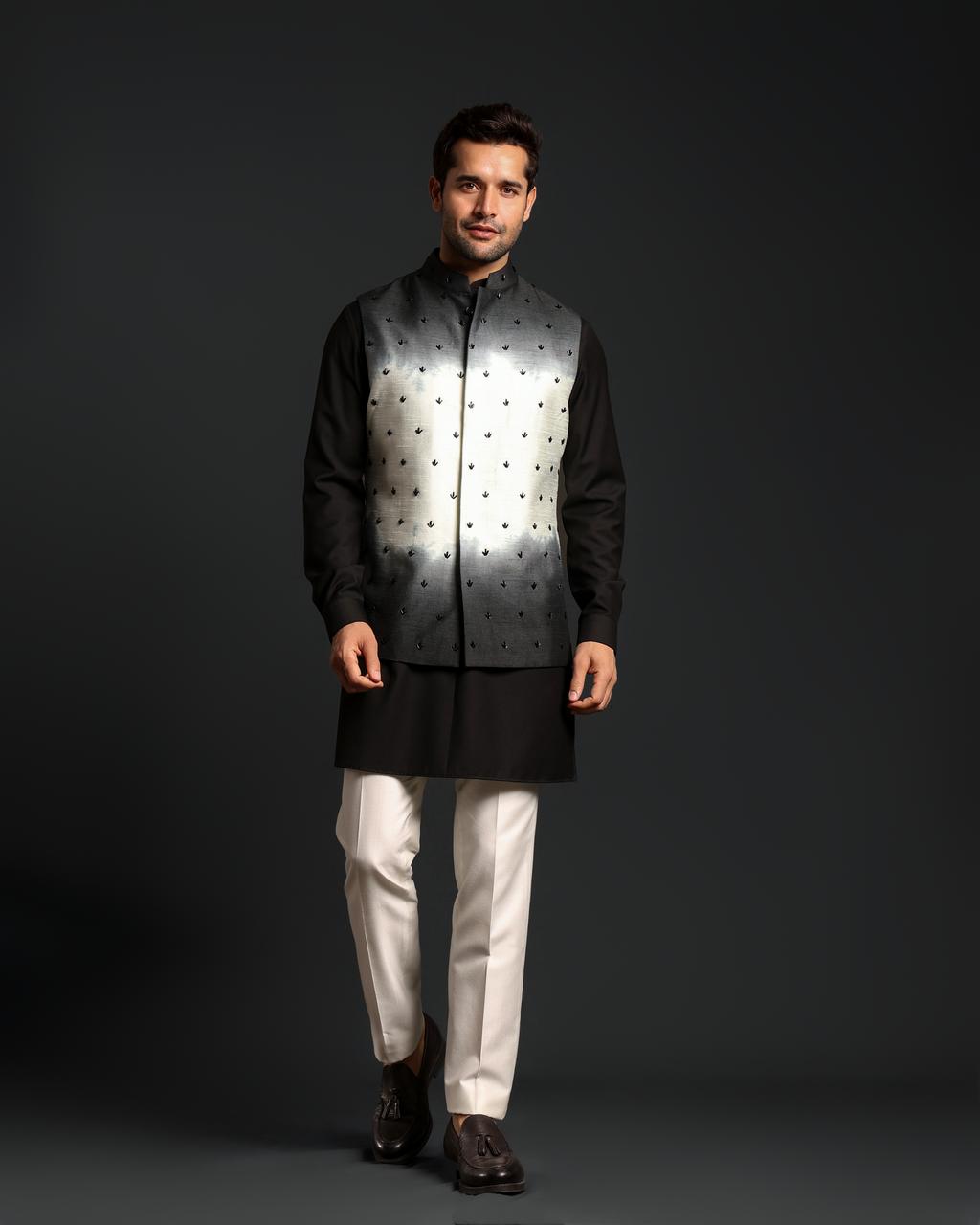 BLACK OMARE GLASS WORK NEHRU JACKET KURTA SET