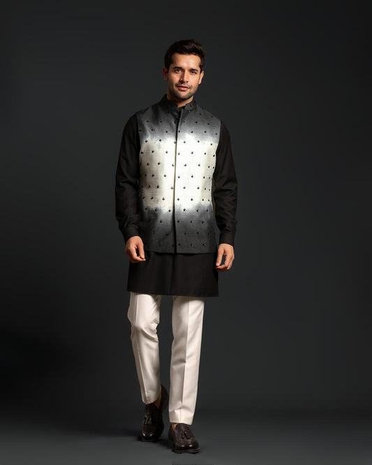 BLACK OMARE GLASS WORK NEHRU JACKET KURTA SET