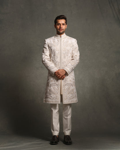 BEIGE CHIKANKARI WITH BREAD EMBROIDERY SHERWANI
