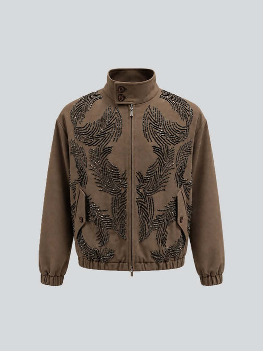 Brown embroidered zip jacket for men – front view