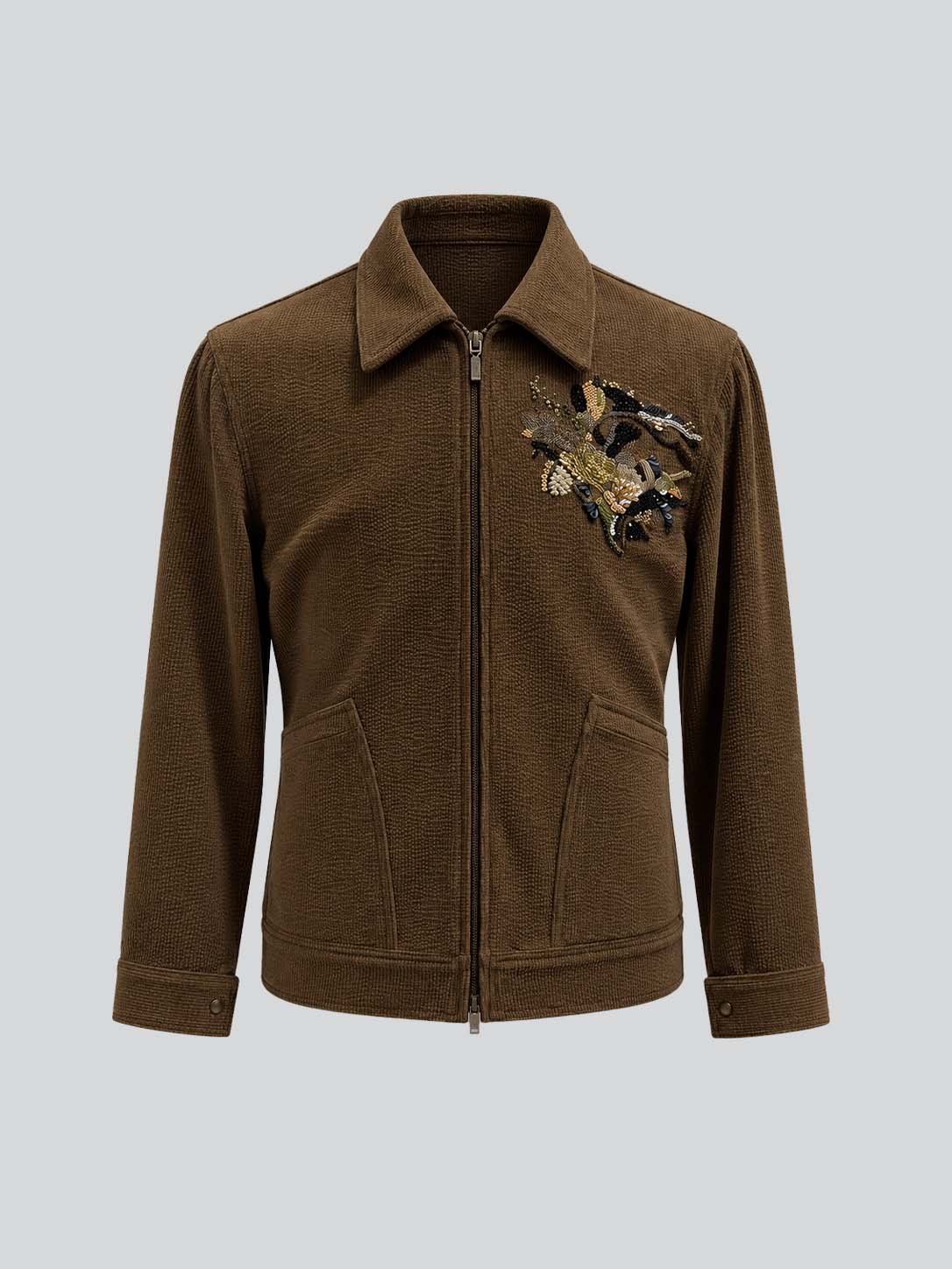 BROWN EMBROIDERED ZIP JACKET
