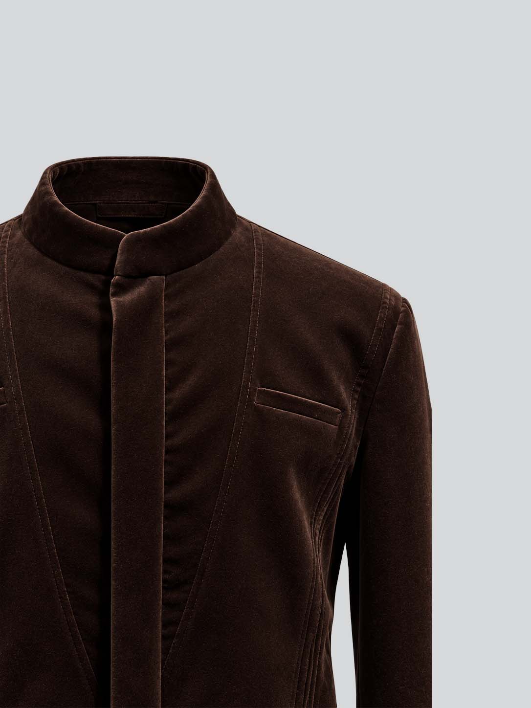 Brown Velvet Mandarin Collar Jacket for Men