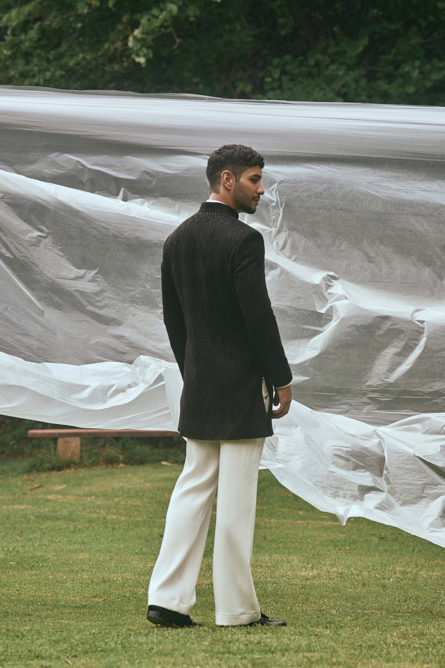 BLACK THREAD EMBROIDERY WITH GLASS INDOWESTERN