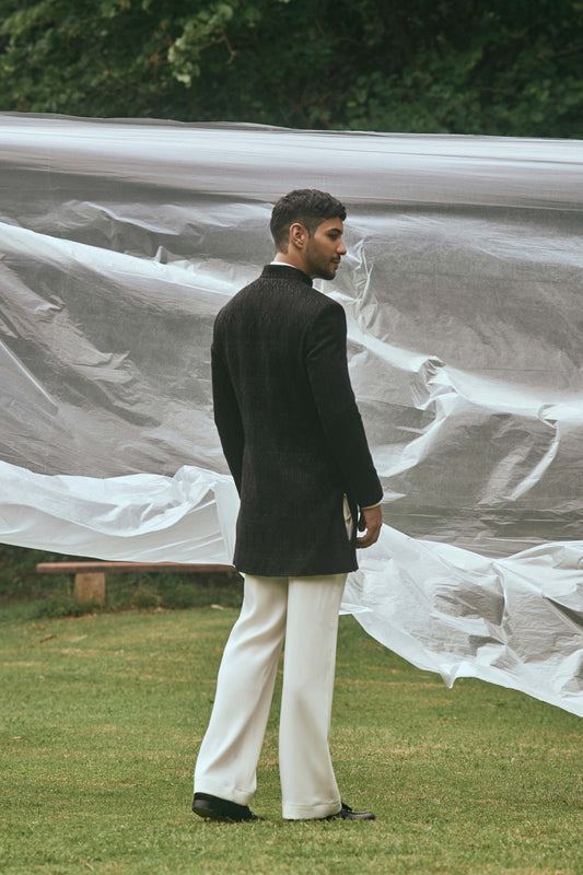 BLACK THREAD EMBROIDERY WITH GLASS INDOWESTERN