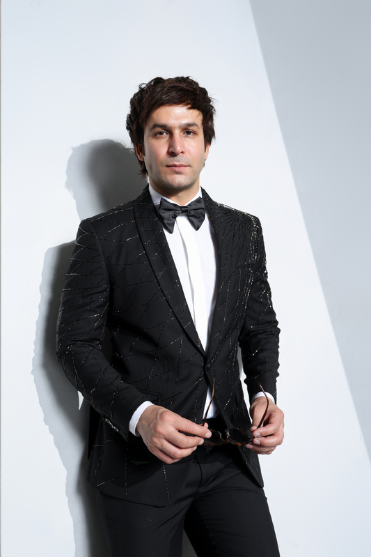 BLACK FULLY GLASS CUT EMBROIDERY TUXEDO