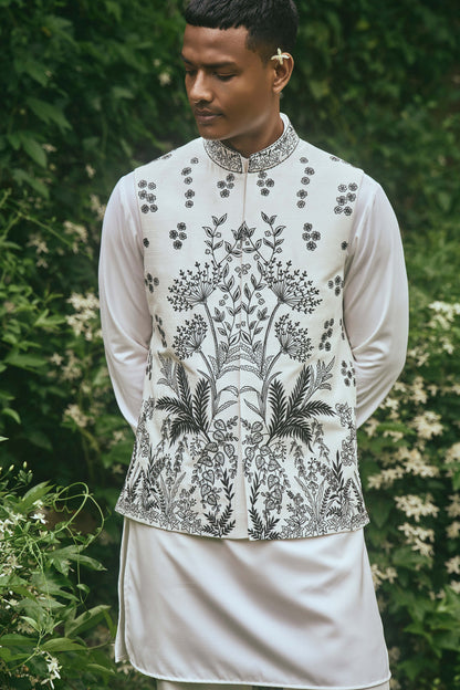 WHITE BLACK EMBROIDERY NEHRU JACKET SET