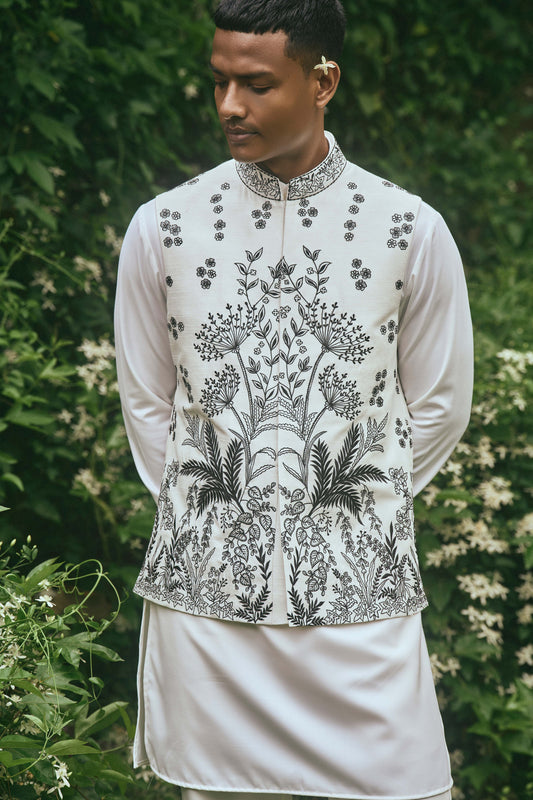WHITE BLACK EMBROIDERY NEHRU JACKET SET