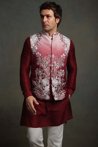 WINE RED OMBRE SILK  EMBROIDERY NEHRU JACKET SET