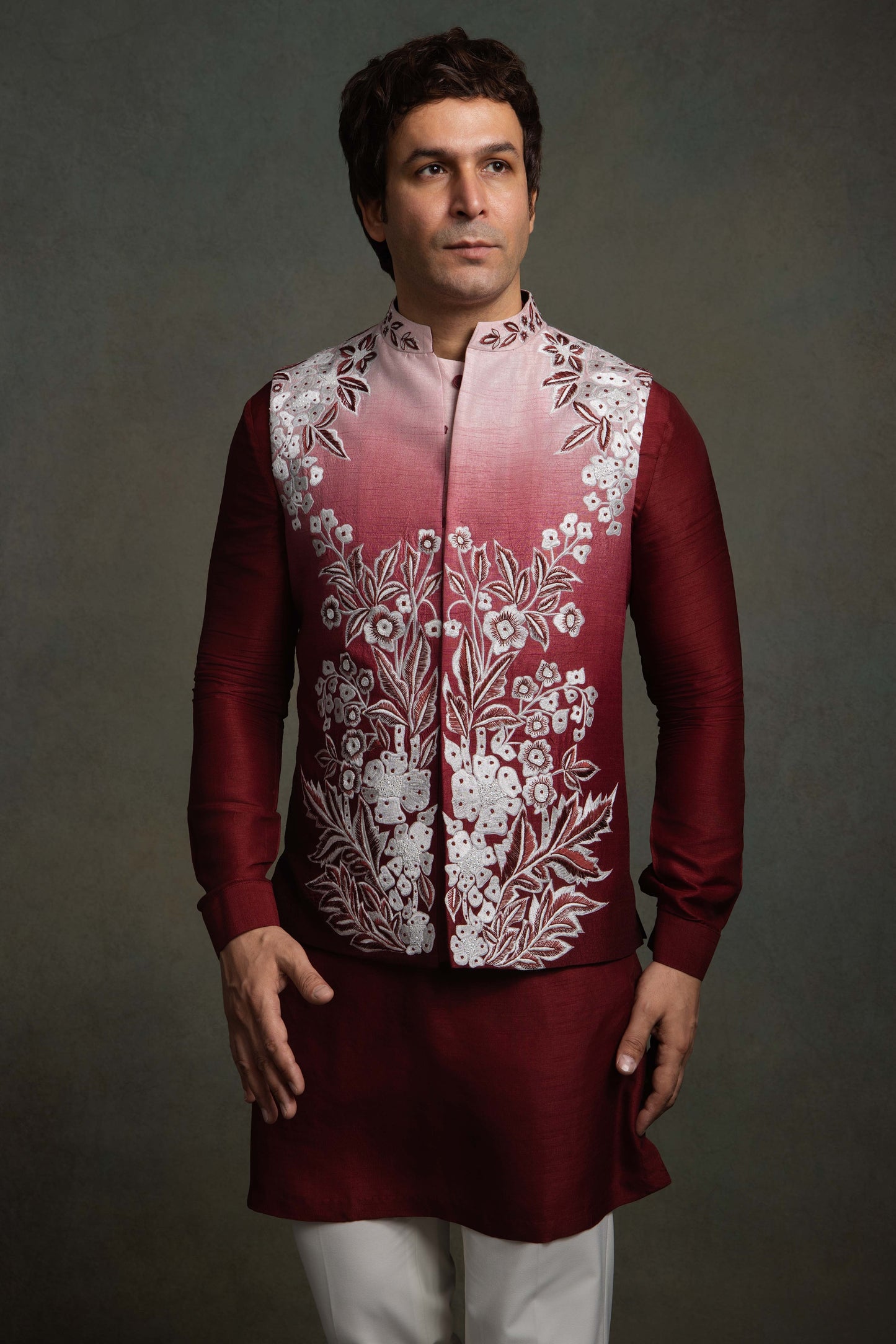 WINE RED OMBRE SILK  EMBROIDERY NEHRU JACKET SET
