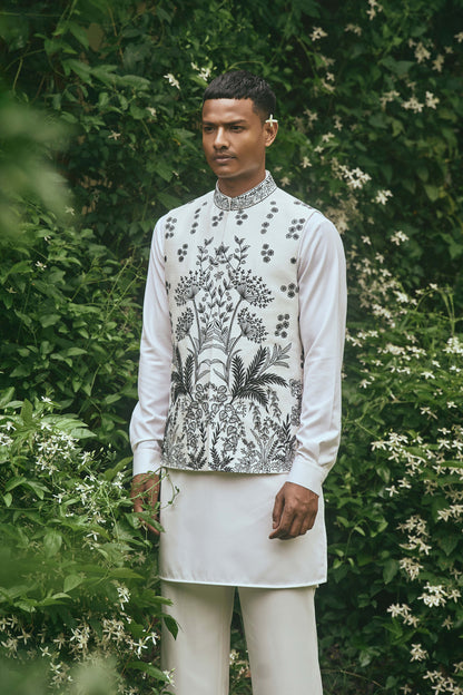 WHITE BLACK EMBROIDERY NEHRU JACKET SET