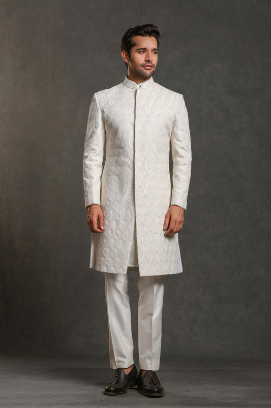 IVORY FULLY THREAD WITH GLASS CUT EMBROIDERY SHERWANI