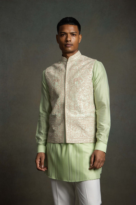PISTA GREEN GOLDEN EMBROIDERY NEHRU JACKET SET