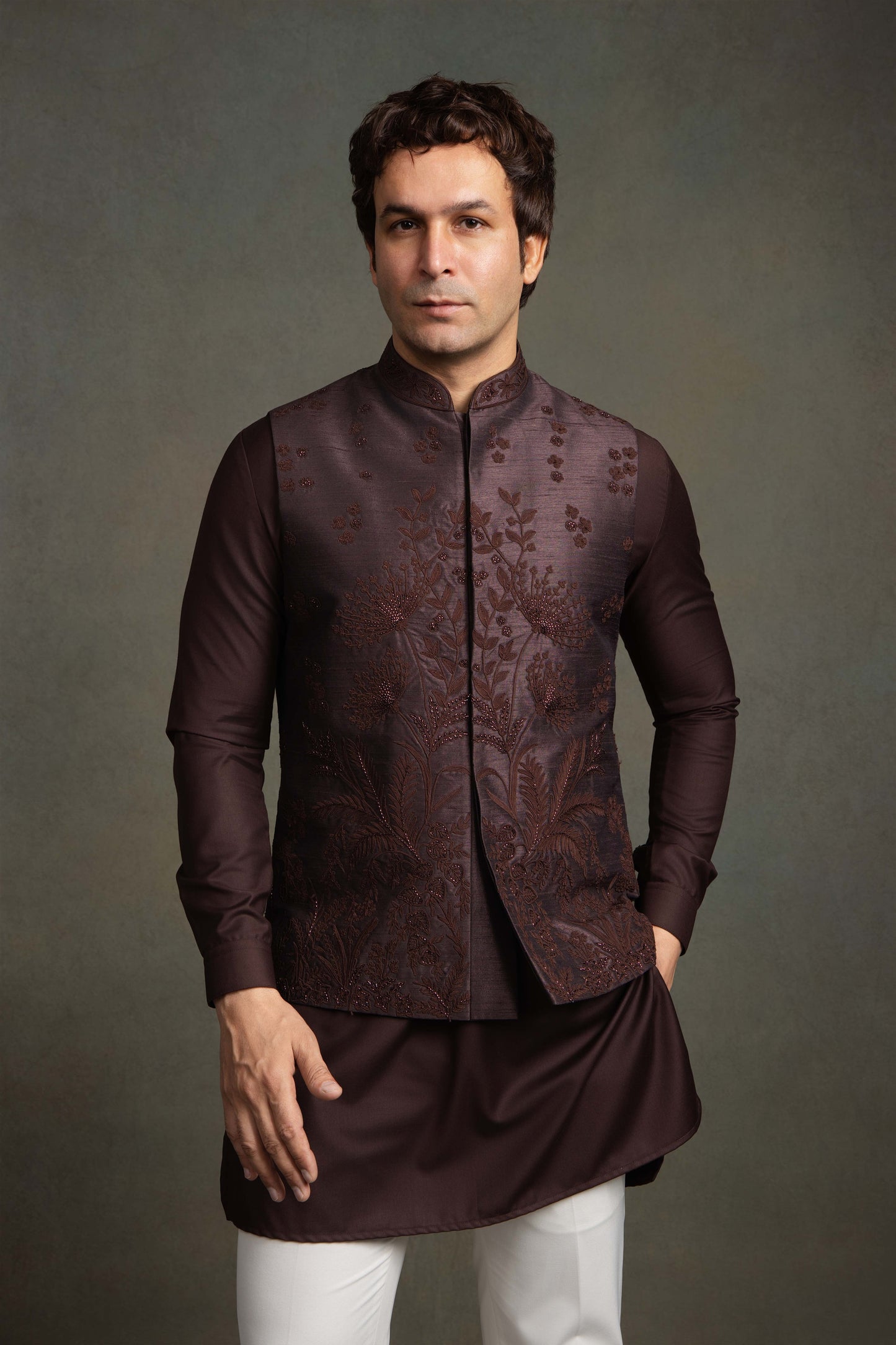 WINE DORI WITH GLASS  EMBROIDERY  NEHRU JACKET SET