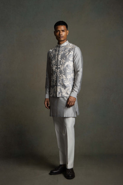 SILVER SILK THREAD EMBROIDERY NEHRU JACKET SET