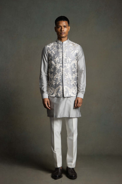 SILVER SILK THREAD EMBROIDERY NEHRU JACKET SET
