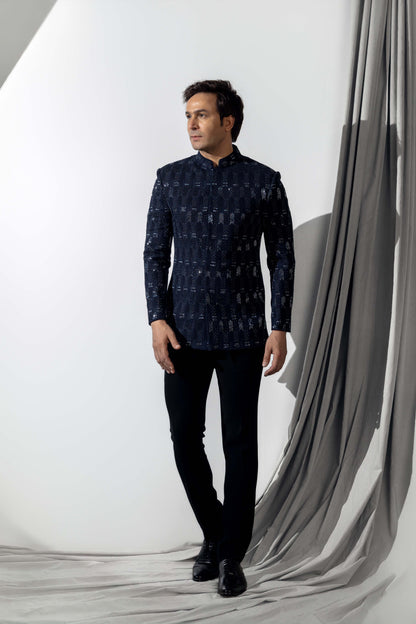 NAVY BLUE JAQUARD EMBROIDERY BAND GALA SET