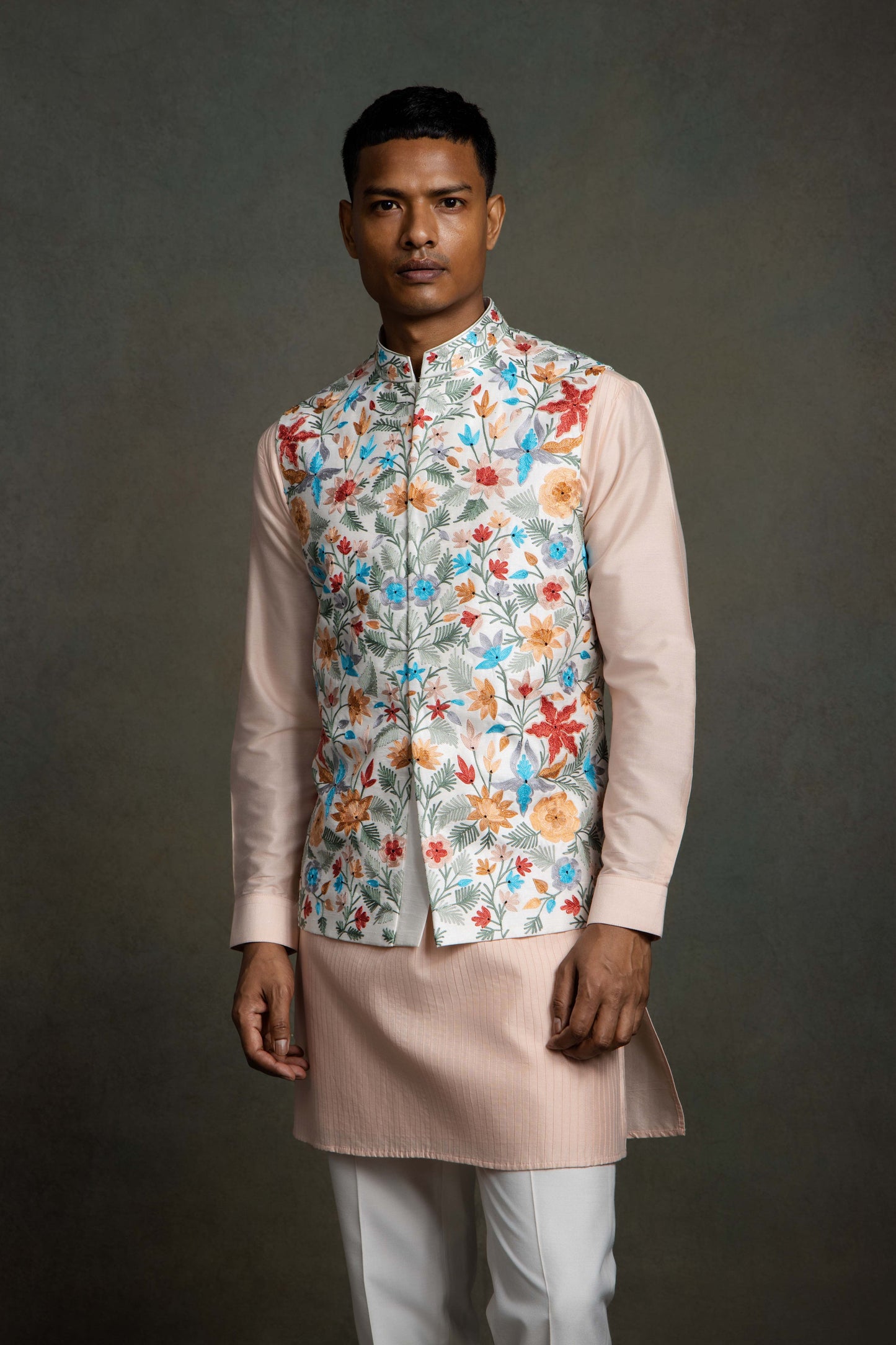 MULTI COLOUR SILK EMBROIDERY NEHRU JACKET SET