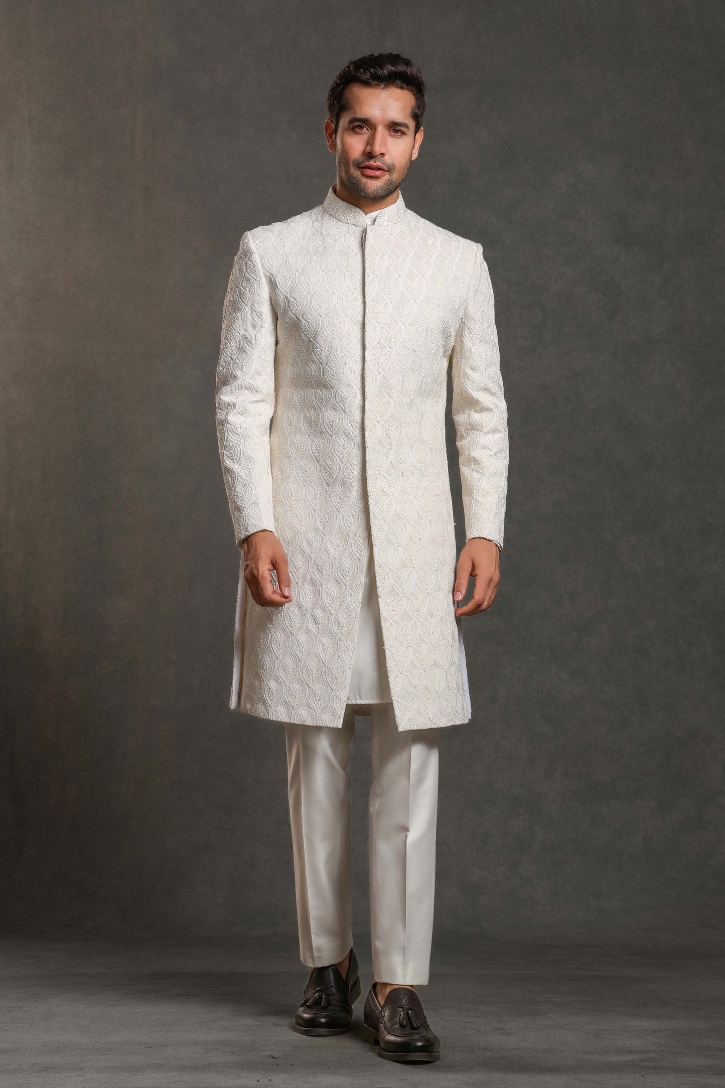 IVORY FULLY THREAD WITH GLASS CUT EMBROIDERY SHERWANI