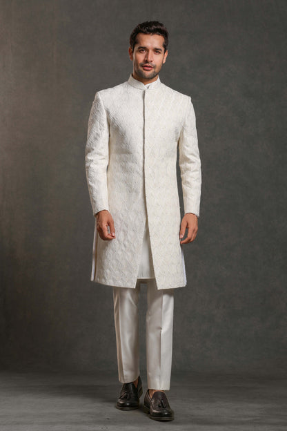 IVORY FULLY THREAD WITH GLASS CUT EMBROIDERY SHERWANI