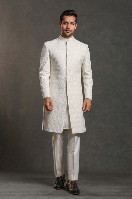 IVORY FULLY THREAD WITH GLASS CUT EMBROIDERY SHERWANI