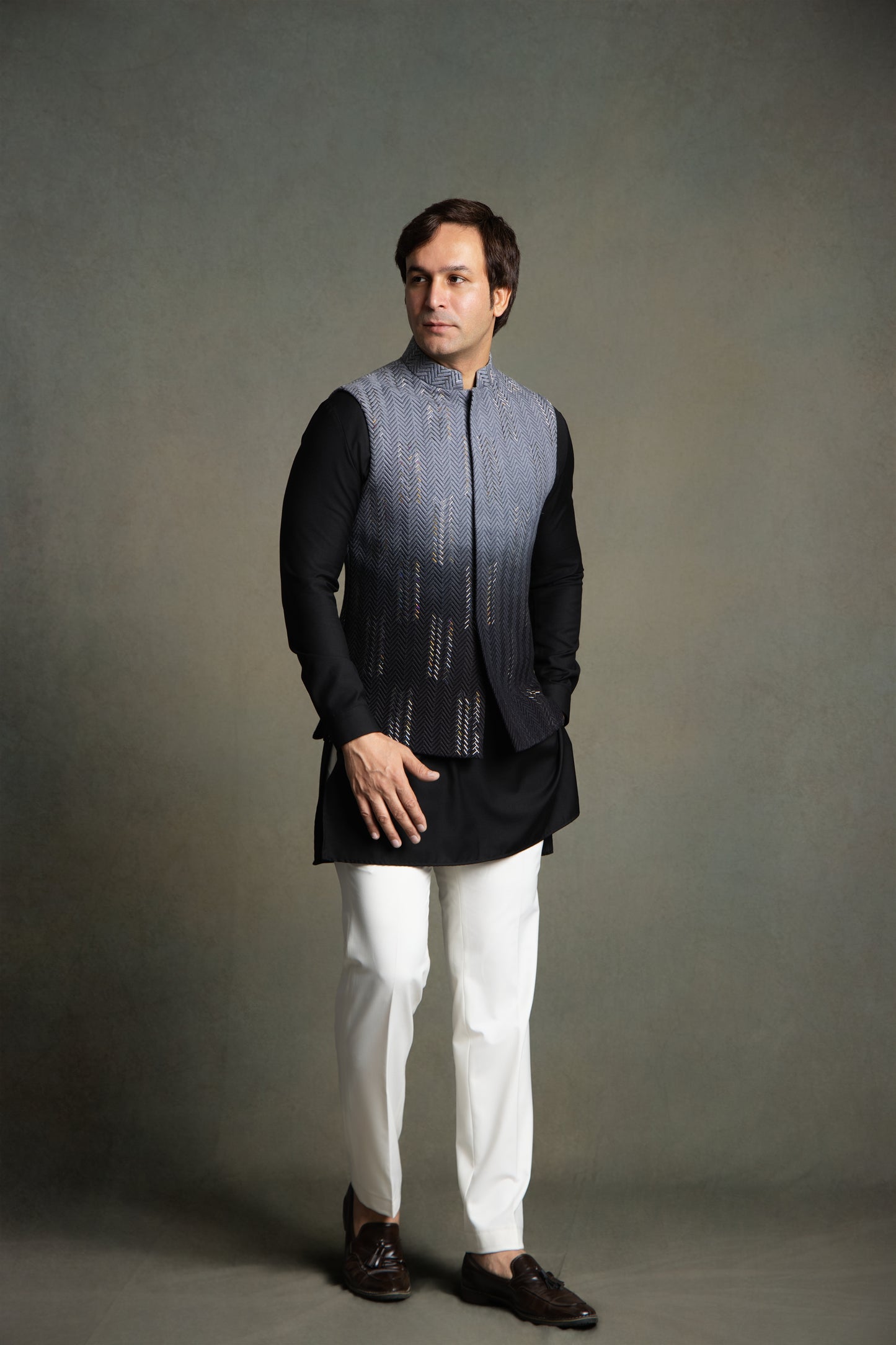 BLACK OMBRE GLASS CUT EMBROIDERY  NEHRU JACKET