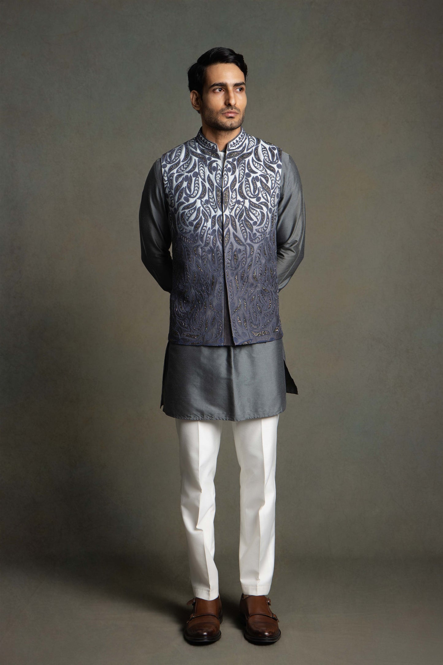 GREY OMBRE  GLASS EMBROIDERY NEHRU JACKET SET