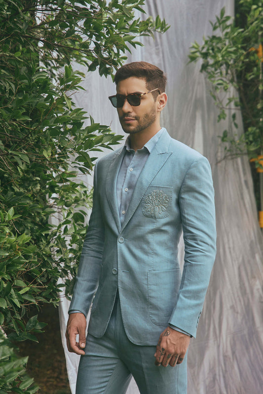 PASTEL BLUE EMBROIDERY LINEN SUIT