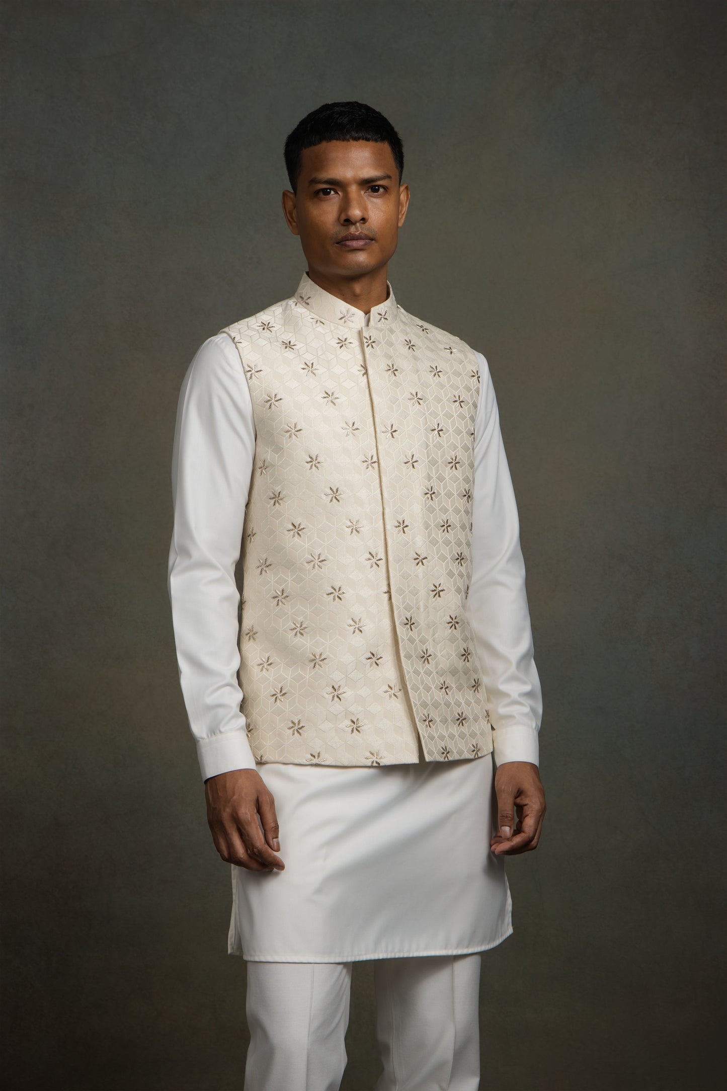JAQUARD  GLASS CUT EMBROIDERY NEHRU JACKET SET