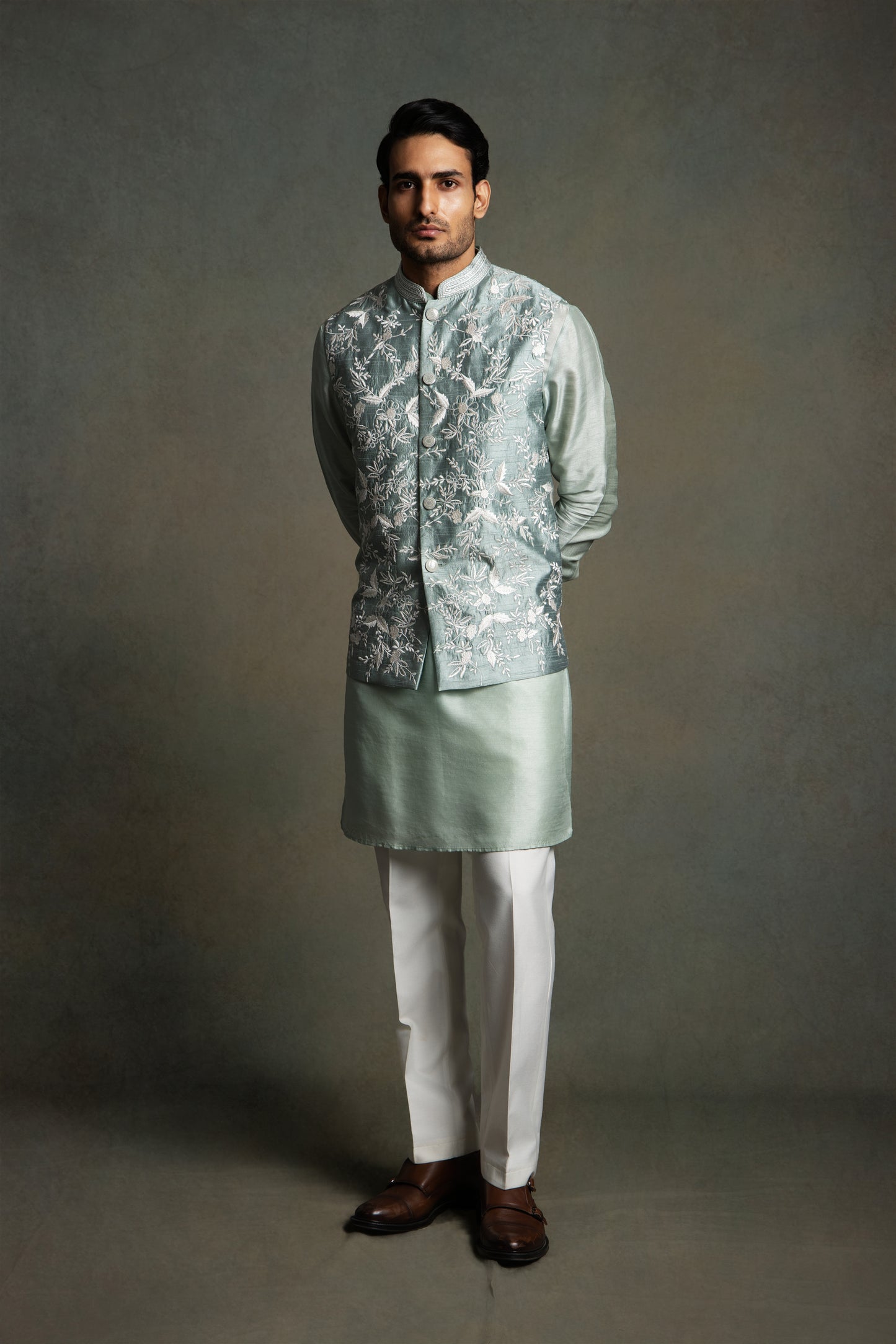 PASTEL OLIVE SILK THREAD EMBROIDERY NEHRU JACKET SET