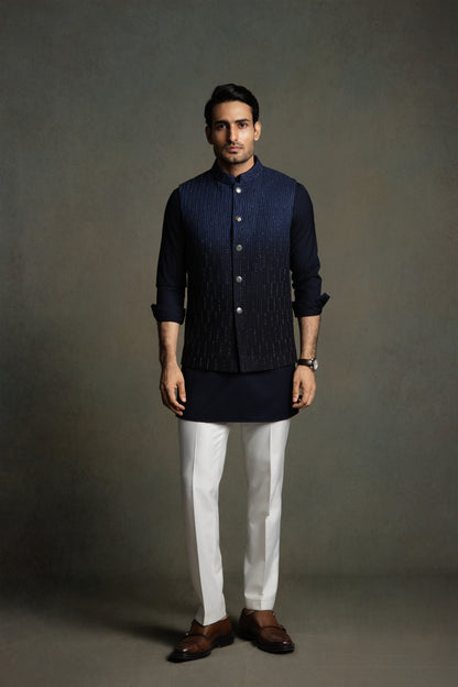 DARK BLUE OMBER THREAD EMBROIDERY NEHRU JACKET SET