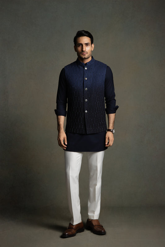 DARK BLUE OMBER THREAD EMBROIDERY NEHRU JACKET SET