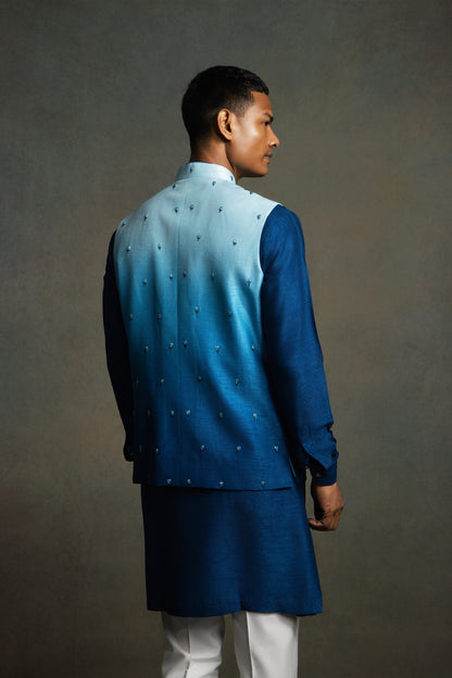 BLUE OMBER BEADS EMBROIDERY NEHRU JACKET SET