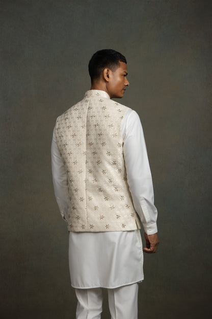 JAQUARD  GLASS CUT EMBROIDERY NEHRU JACKET SET