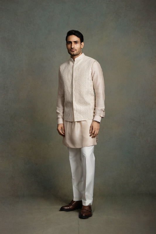 ROSE PINK GOLDERN THREAD EMBROIDERY NEHRU JACKET SET