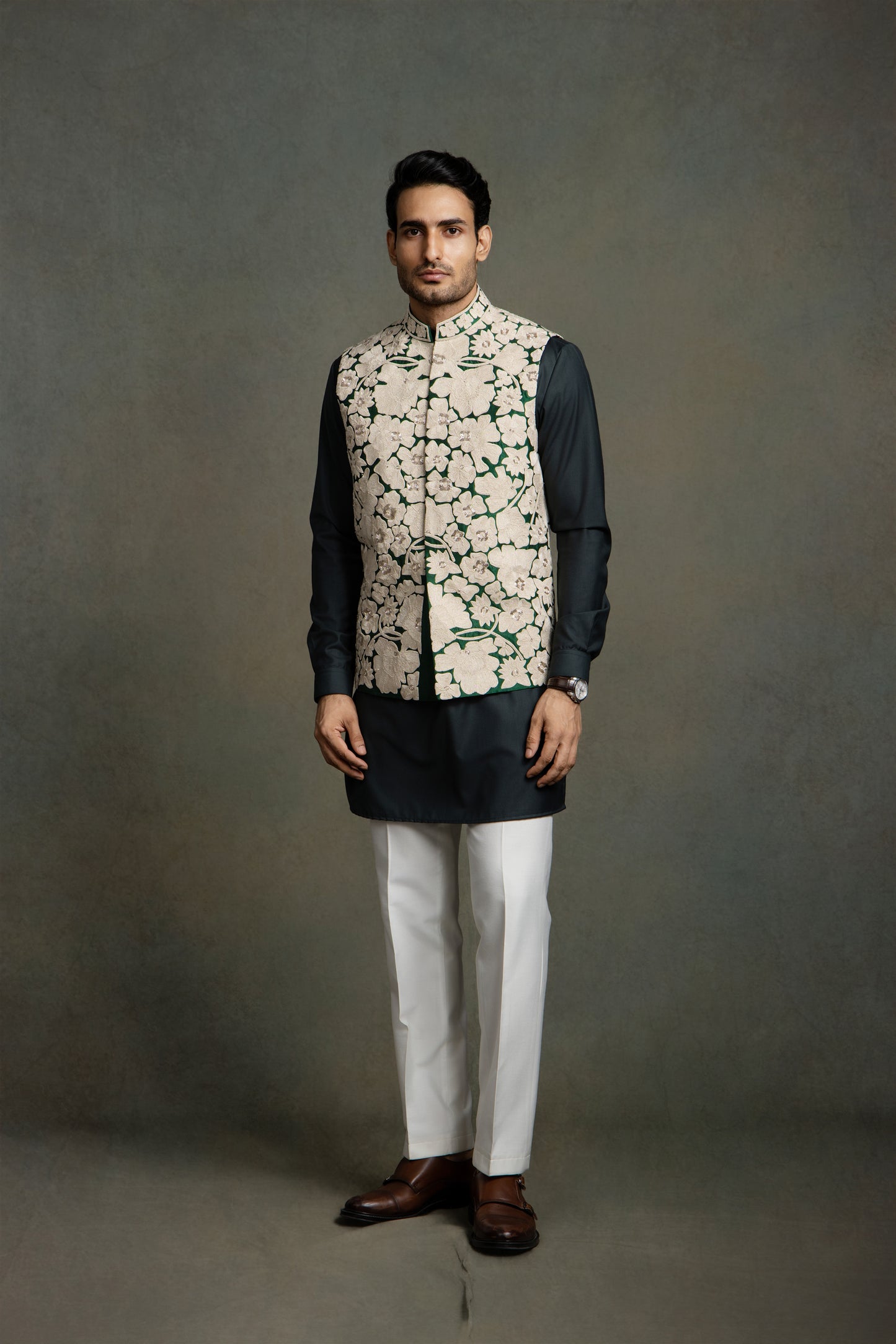 DARK GREEN DORI THREAD GLASS EMBROIDERY  NEHRU JACKET SET