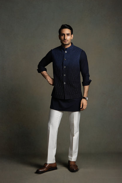 DARK BLUE OMBER THREAD EMBROIDERY NEHRU JACKET SET