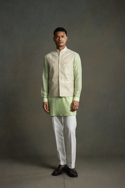 PISTA GREEN GOLDEN EMBROIDERY NEHRU JACKET SET