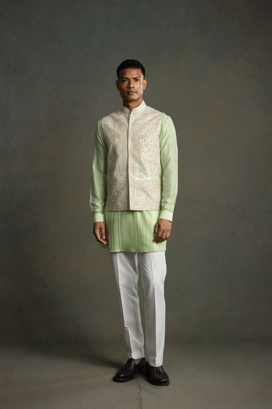 PISTA GREEN GOLDEN EMBROIDERY NEHRU JACKET SET