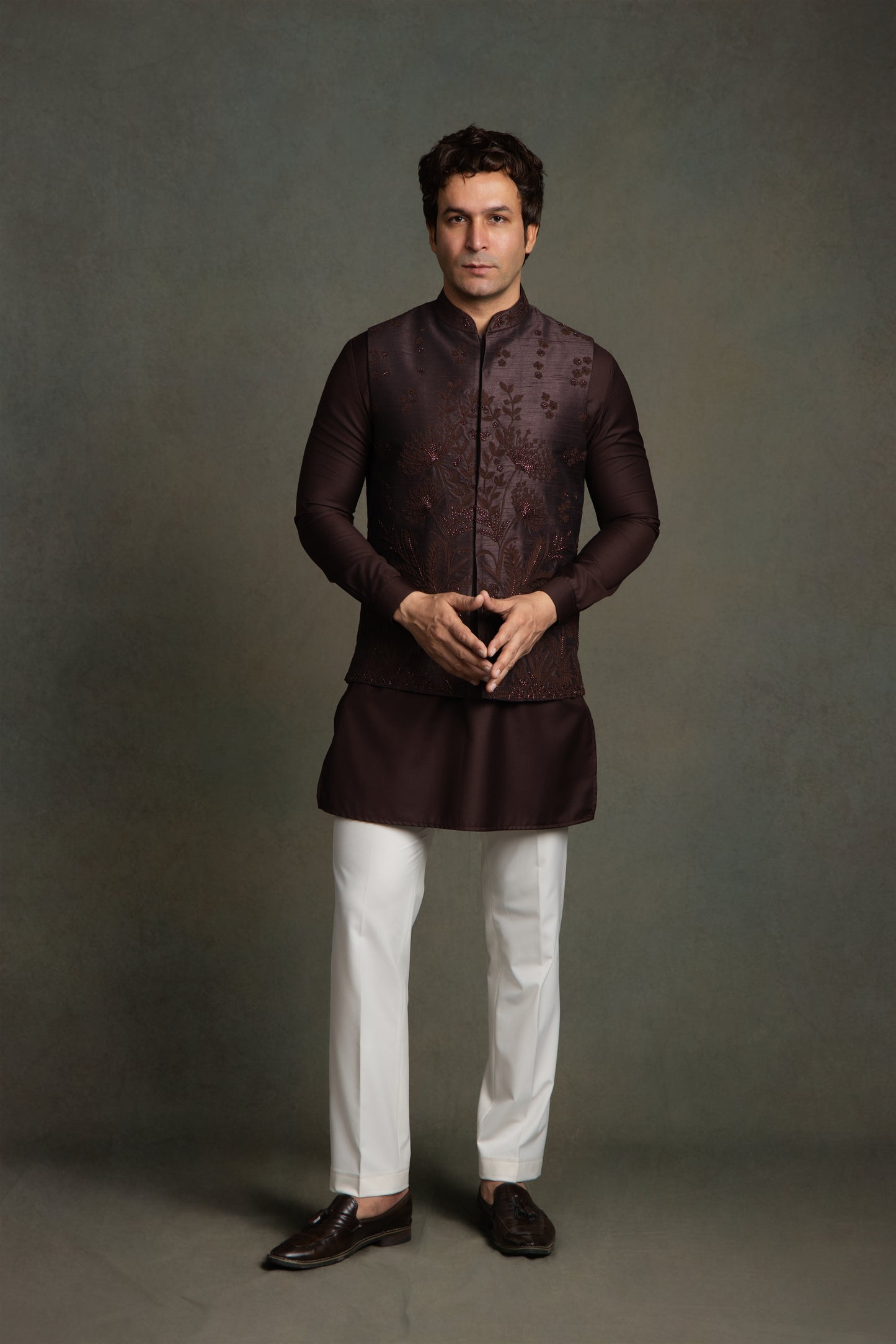 WINE DORI WITH GLASS  EMBROIDERY  NEHRU JACKET SET
