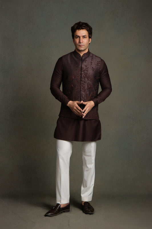 WINE DORI WITH GLASS  EMBROIDERY  NEHRU JACKET SET