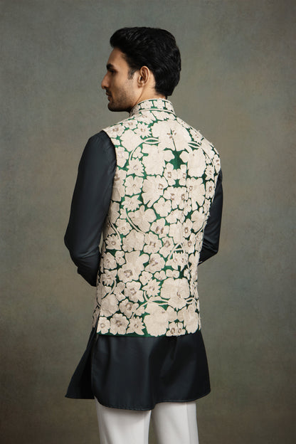 DARK GREEN DORI THREAD GLASS EMBROIDERY  NEHRU JACKET SET