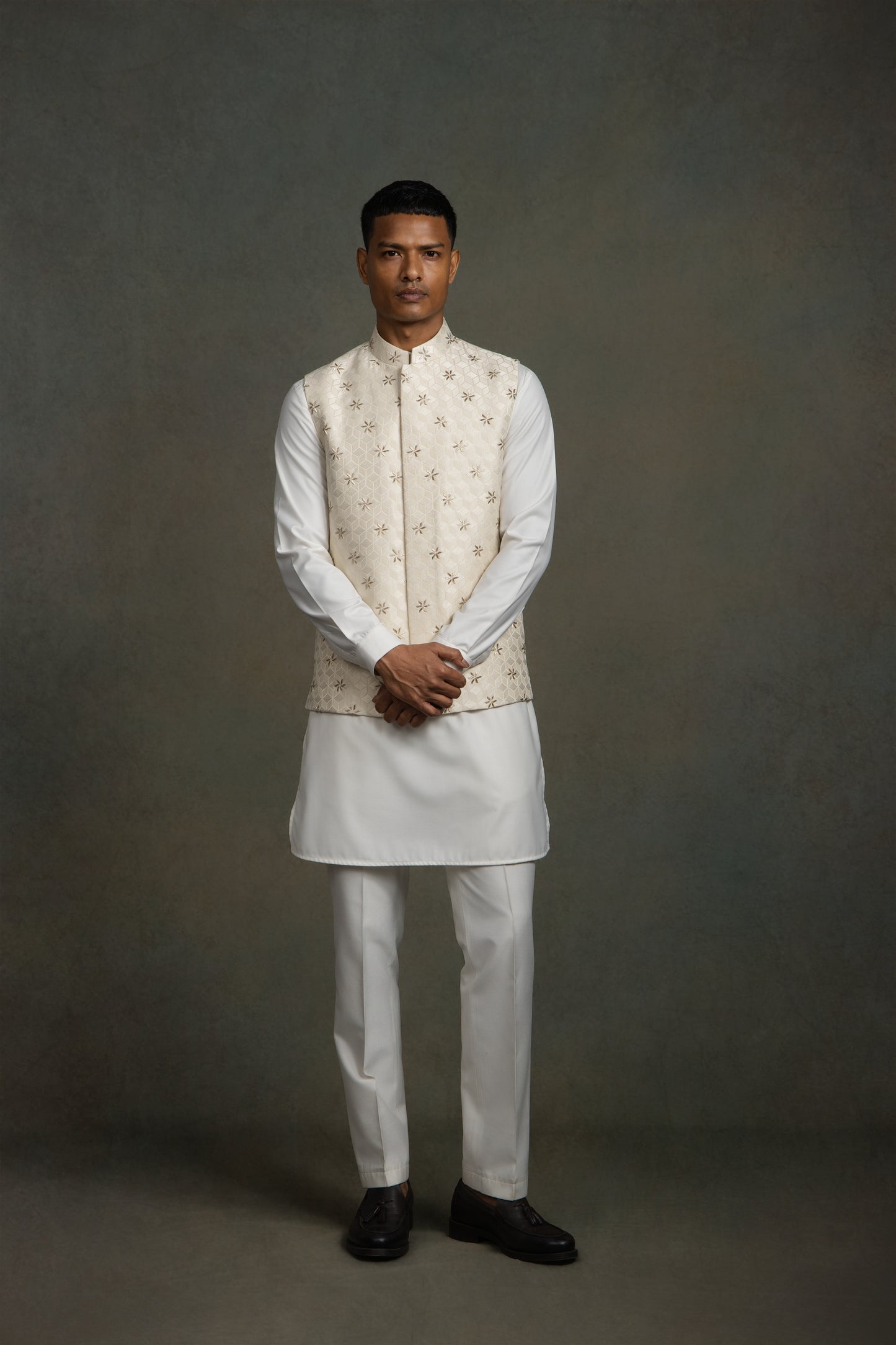 JAQUARD  GLASS CUT EMBROIDERY NEHRU JACKET SET