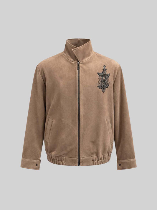 BEIGE SUEDE EMBROIDERED ZIP JACKET