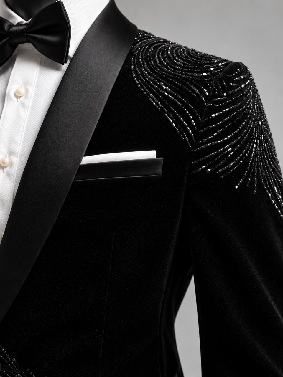BLACK GLASS-CUT EMBROIDERY TUXEDO