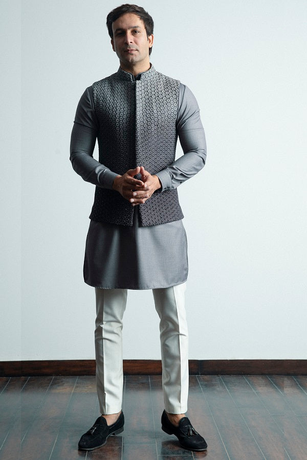 Dark grey ombre hand embellished nehru jacket