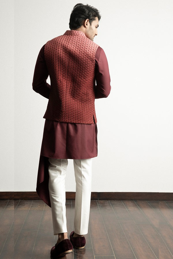 Maroon ombre machine + hand embroidered nehru jacket