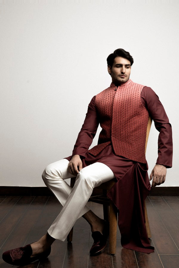 Maroon ombre machine + hand embroidered nehru jacket