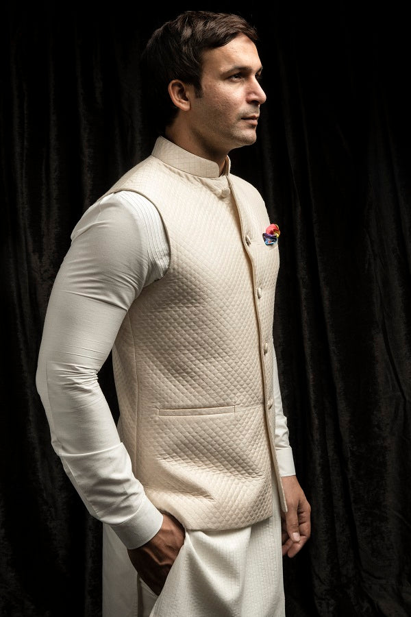 Ivory quilted nehru jacket