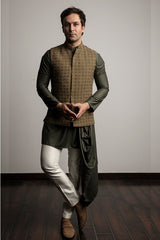 Olive green embellished nehru jacket with draped kurta